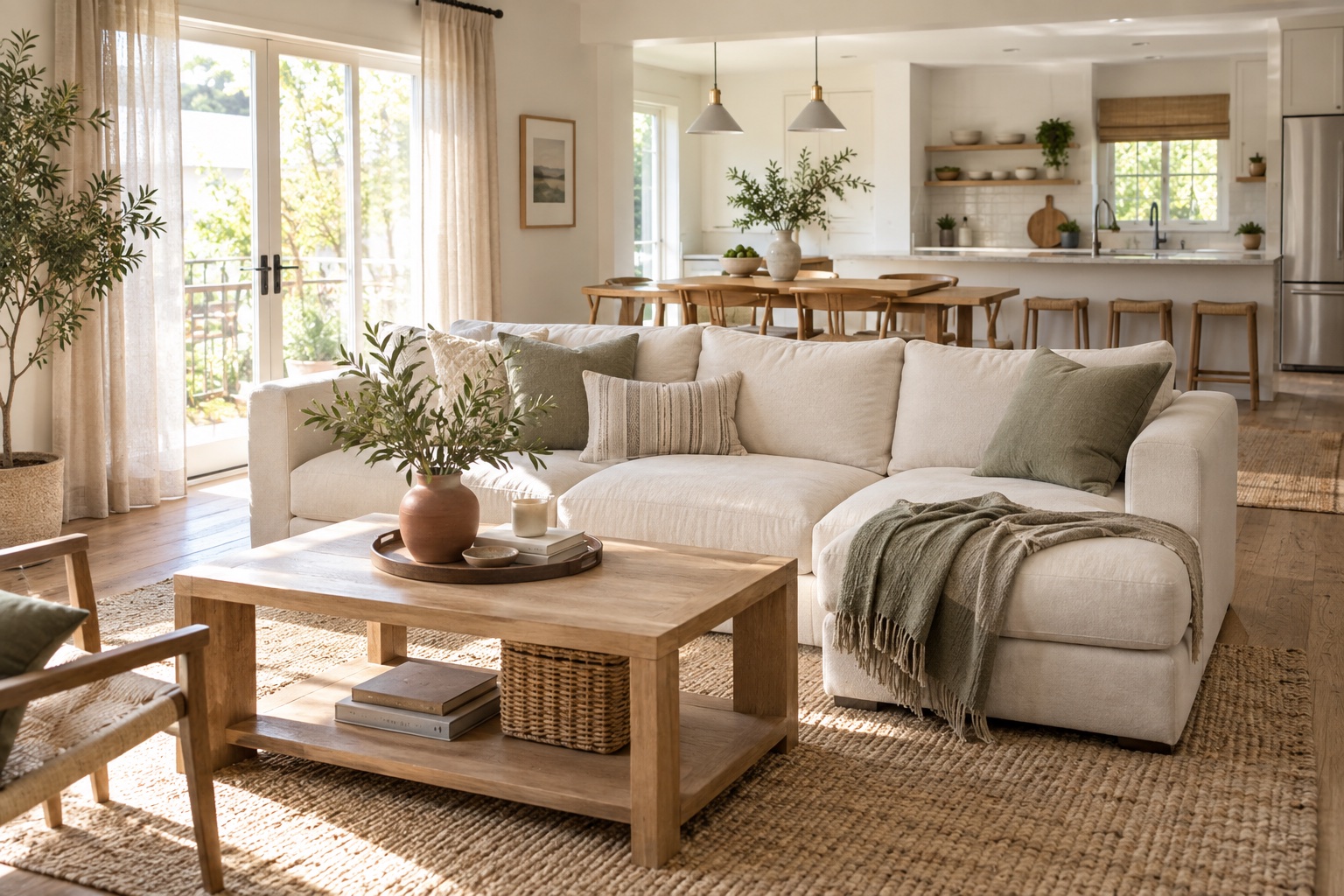 Sunlight across a cream sofa and a tidy warm oak kitchen — illustrative AI image
