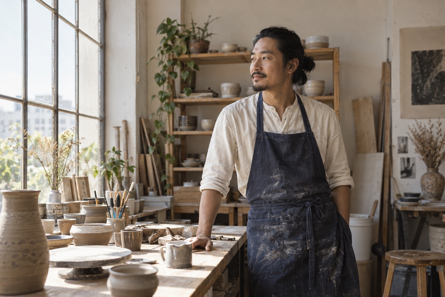 Fictional ceramic artist beside a pottery workbench — AI example
