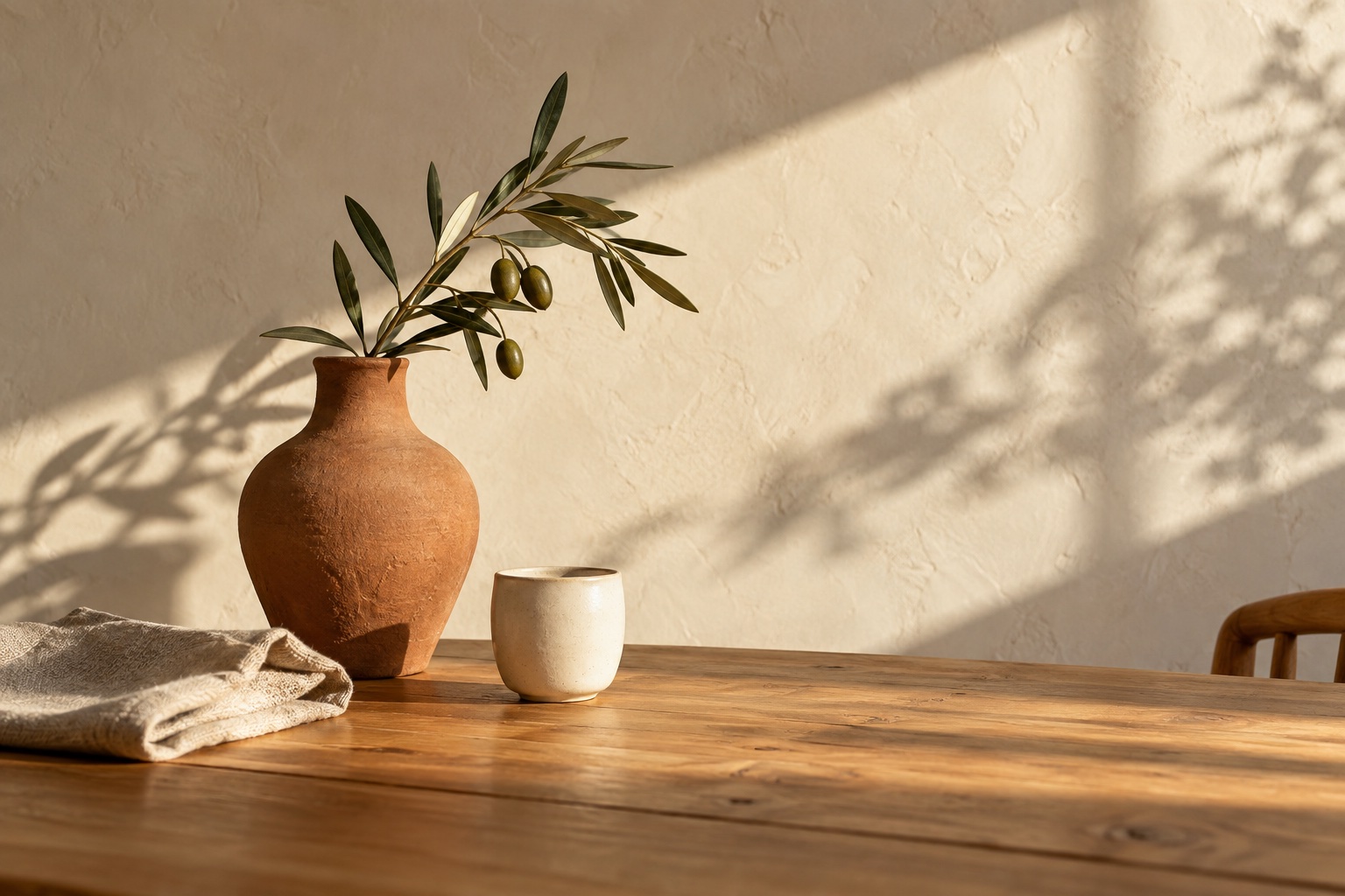 Sunlit ceramic vase and linen — illustrative AI still life