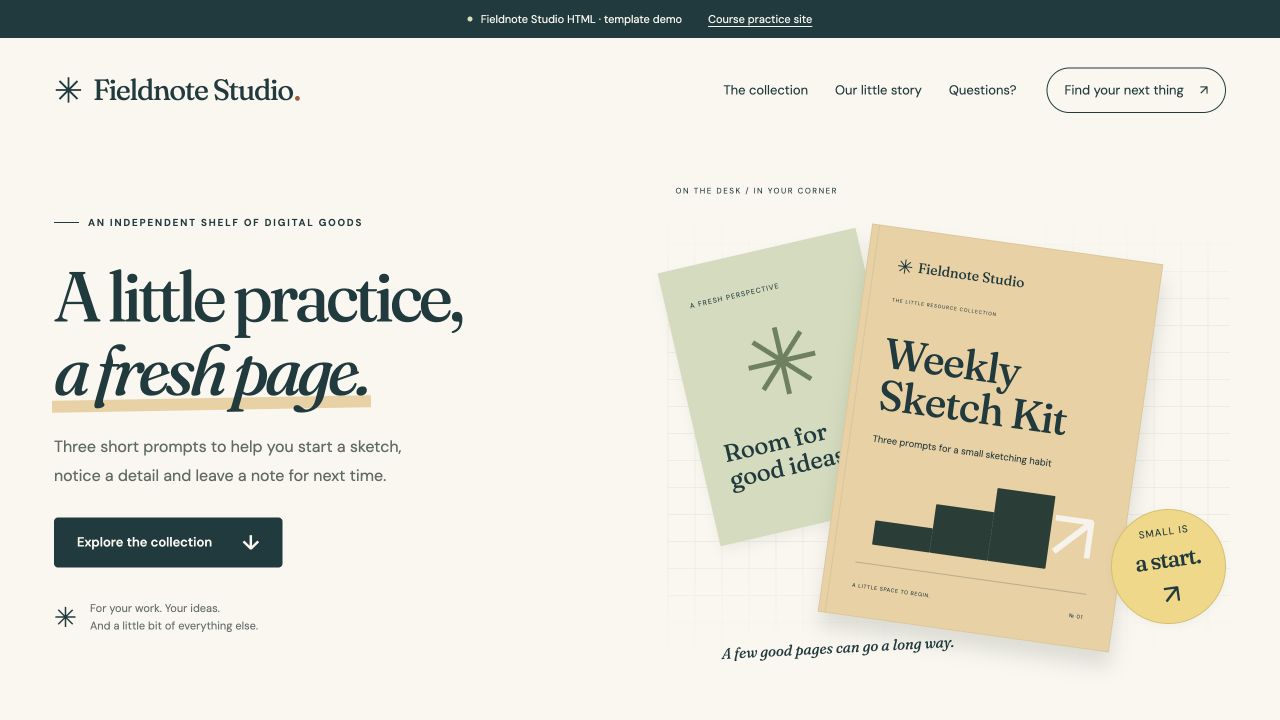 Fictional Fieldnote Studio homepage with the new brand and heading.