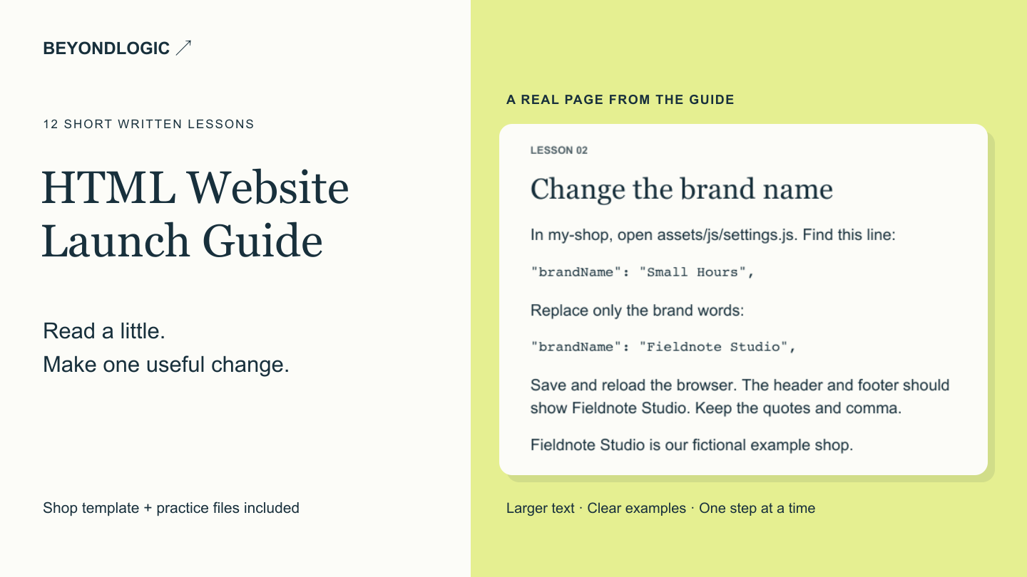 HTML Website Launch Guide with an actual short lesson showing how to change a brand name.