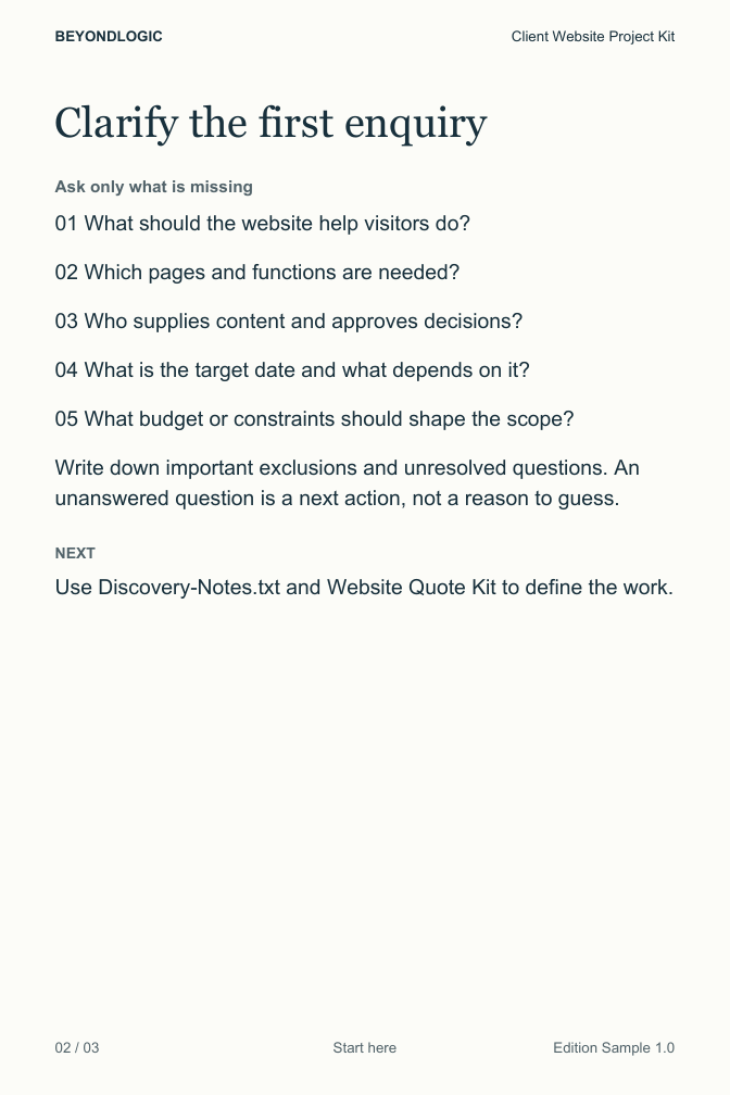 A sample guide page with five short questions to clarify a website enquiry